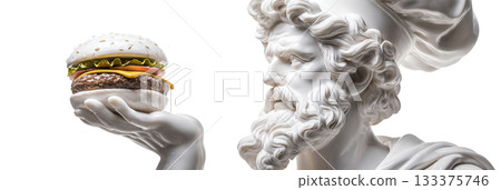 A Marble Chef Statue Holding a Delicious Juicy Burger Isolated on Transparent Background - Generative Ai 133375746