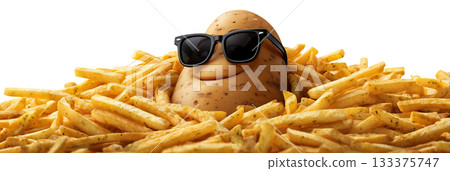 A Smiling Potato Character in Sunglasses Surrounded by Crispy Golden French Fries on Transparent Background - Generative Ai 133375747