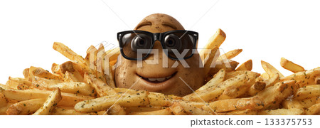 Smiling Potato Character in Sunglasses Surrounded by Crispy Golden French Fries on Transparent Background - Generative Ai 133375753