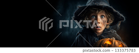 A Blonde Boy in s Witch Costume Holding a Glowing Halloween Pumpkin on Black Background - Generative Ai 133375783