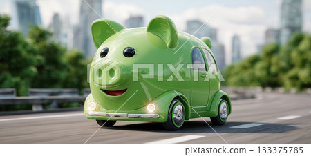 A Car-Shaped Green Piggy Bank on Wheels Driving Along the Cartoon Highway - Generative Ai 133375785