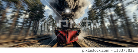 A Black 19th-Century Steam Locomotive with a Red Cowcatcher Runs Towards the Camera - Generative Ai 133375822