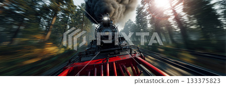 A Black 19th-Century Steam Locomotive with a Red Cowcatcher Runs Towards the Camera - Generative Ai 133375823