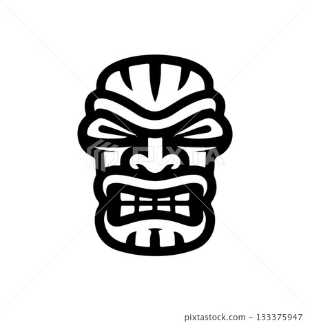 Tiki tribal wooden mask set and Tiki mug. Hawaiian traditional elements. Colored, wooden and black and white silhouette. Vector illustration 133375947