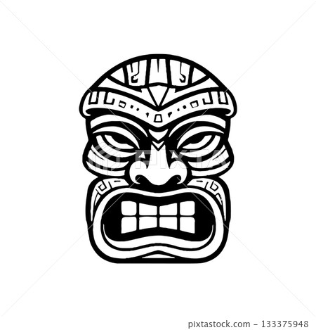 Tiki tribal wooden mask set and Tiki mug. Hawaiian traditional elements. Colored, wooden and black and white silhouette. Vector illustration 133375948
