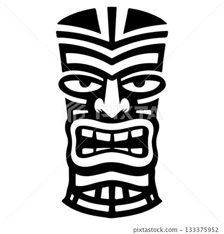 Tiki tribal wooden mask set and Tiki mug. Hawaiian traditional elements. Colored, wooden and black and white silhouette. Vector illustration Tiki tribal wooden mask set and Tiki mug. Hawaiian traditional elements. Colored, wooden and black and white silhouette. Vector illustration 133375952
