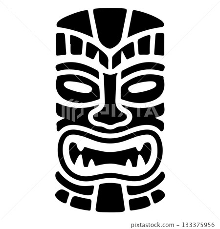 Tiki tribal wooden mask set and Tiki mug. Hawaiian traditional elements. Colored, wooden and black and white silhouette. Vector illustration Tiki tribal wooden mask set and Tiki mug. Hawaiian traditional elements. Colored, wooden and black and white silhouette. Vector illustration 133375956