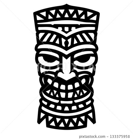 Tiki tribal wooden mask set and Tiki mug. Hawaiian traditional elements. Colored, wooden and black and white silhouette. Vector illustration Tiki tribal wooden mask set and Tiki mug. Hawaiian traditional elements. Colored, wooden and black and white silhouette. Vector illustration 133375958