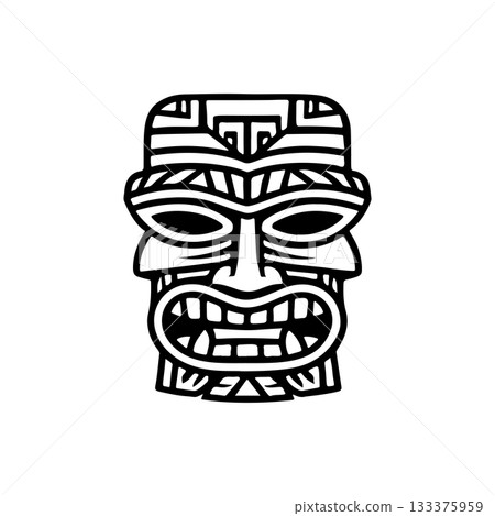 Tiki tribal wooden mask set and Tiki mug. Hawaiian traditional elements. Colored, wooden and black and white silhouette. Vector illustration 133375959