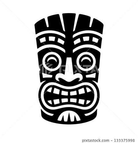 Tiki tribal wooden mask set and Tiki mug. Hawaiian traditional elements. Colored, wooden and black and white silhouette. Vector illustration 133375998