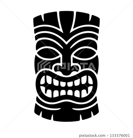 Tiki tribal wooden mask set and Tiki mug. Hawaiian traditional elements. Colored, wooden and black and white silhouette. Vector illustration Tiki tribal wooden mask set and Tiki mug. Hawaiian traditional elements. Colored, wooden and black and white silhouette. Vector illustration 133376001