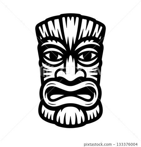 Tiki tribal wooden mask set and Tiki mug. Hawaiian traditional elements. Colored, wooden and black and white silhouette. Vector illustration Tiki tribal wooden mask set and Tiki mug. Hawaiian traditional elements. Colored, wooden and black and white silhouette. Vector illustration 133376004