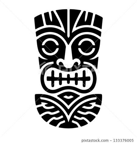 Tiki tribal wooden mask set and Tiki mug. Hawaiian traditional elements. Colored, wooden and black and white silhouette. Vector illustration 133376005