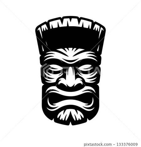 Tiki tribal wooden mask set and Tiki mug. Hawaiian traditional elements. Colored, wooden and black and white silhouette. Vector illustration Tiki tribal wooden mask set and Tiki mug. Hawaiian traditional elements. Colored, wooden and black and white silhouette. Vector illustration 133376009