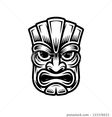 Tiki tribal wooden mask set and Tiki mug. Hawaiian traditional elements. Colored, wooden and black and white silhouette. Vector illustration 133376015