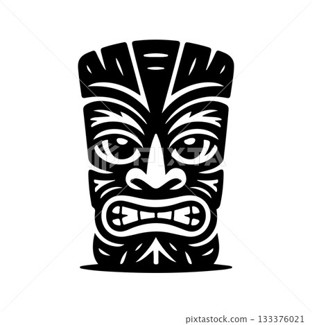 Tiki tribal wooden mask set and Tiki mug. Hawaiian traditional elements. Colored, wooden and black and white silhouette. Vector illustration 133376021