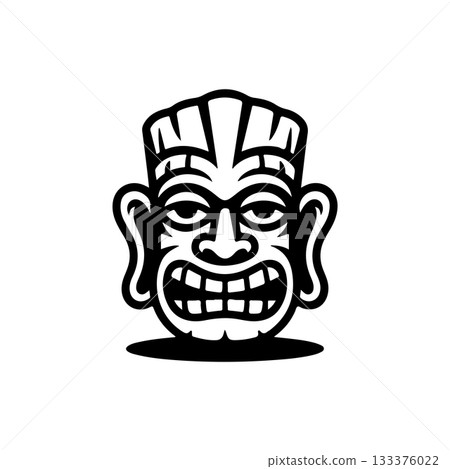 Tiki tribal wooden mask set and Tiki mug. Hawaiian traditional elements. Colored, wooden and black and white silhouette. Vector illustration 133376022