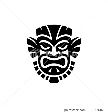 Tiki tribal wooden mask set and Tiki mug. Hawaiian traditional elements. Colored, wooden and black and white silhouette. Vector illustration Tiki tribal wooden mask set and Tiki mug. Hawaiian traditional elements. Colored, wooden and black and white silhouette. Vector illustration 133376029