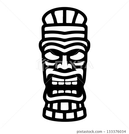 Tiki tribal wooden mask set and Tiki mug. Hawaiian traditional elements. Colored, wooden and black and white silhouette. Vector illustration Tiki tribal wooden mask set and Tiki mug. Hawaiian traditional elements. Colored, wooden and black and white silhouette. Vector illustration 133376034