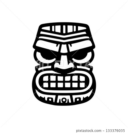 Tiki tribal wooden mask set and Tiki mug. Hawaiian traditional elements. Colored, wooden and black and white silhouette. Vector illustration 133376035