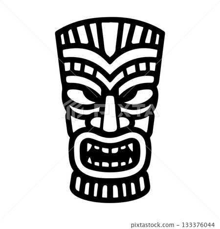 Tiki tribal wooden mask set and Tiki mug. Hawaiian traditional elements. Colored, wooden and black and white silhouette. Vector illustration Tiki tribal wooden mask set and Tiki mug. Hawaiian traditional elements. Colored, wooden and black and white silhouette. Vector illustration 133376044