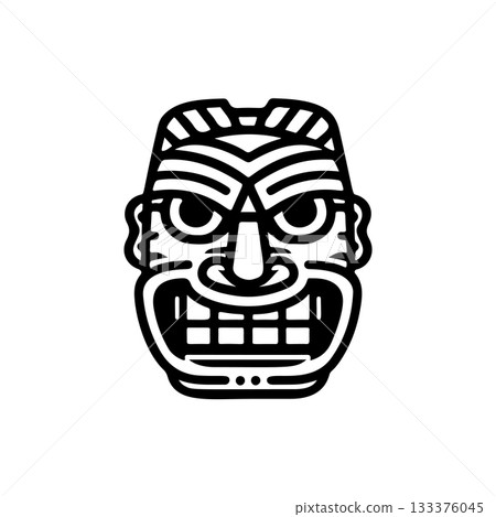 Tiki tribal wooden mask set and Tiki mug. Hawaiian traditional elements. Colored, wooden and black and white silhouette. Vector illustration 133376045