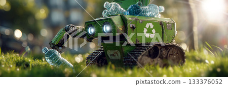 A Cute Futuristic Little Robot in the shape of a Green Recycling Bin Collecting Blue Plastic Bottles - Generative Ai 133376052