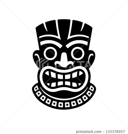 Tiki tribal wooden mask set and Tiki mug. Hawaiian traditional elements. Colored, wooden and black and white silhouette. Vector illustration 133376057