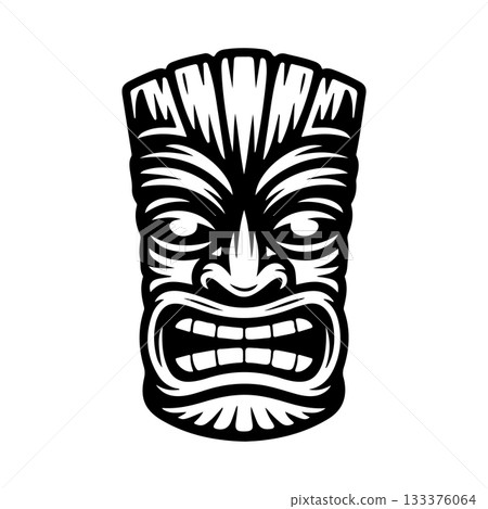 Tiki tribal wooden mask set and Tiki mug. Hawaiian traditional elements. Colored, wooden and black and white silhouette. Vector illustration 133376064