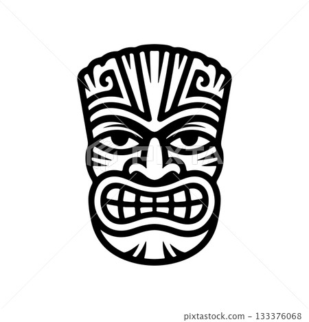 Tiki tribal wooden mask set and Tiki mug. Hawaiian traditional elements. Colored, wooden and black and white silhouette. Vector illustration 133376068