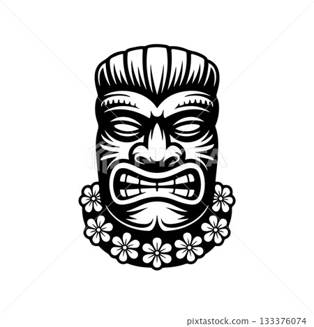 Tiki tribal wooden mask set and Tiki mug. Hawaiian traditional elements. Colored, wooden and black and white silhouette. Vector illustration Tiki tribal wooden mask set and Tiki mug. Hawaiian traditional elements. Colored, wooden and black and white silhouette. Vector illustration 133376074
