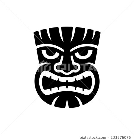 Tiki tribal wooden mask set and Tiki mug. Hawaiian traditional elements. Colored, wooden and black and white silhouette. Vector illustration 133376076