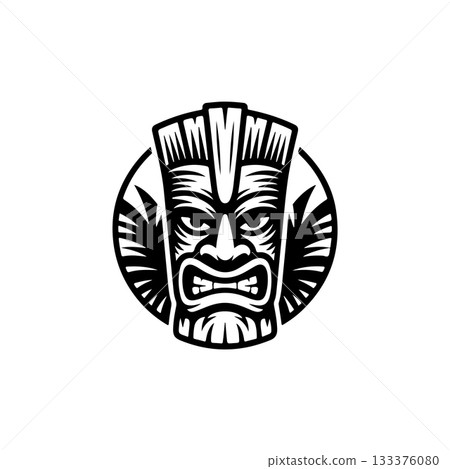 Tiki tribal wooden mask set and Tiki mug. Hawaiian traditional elements. Colored, wooden and black and white silhouette. Vector illustration 133376080