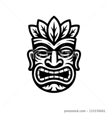 Tiki tribal wooden mask set and Tiki mug. Hawaiian traditional elements. Colored, wooden and black and white silhouette. Vector illustration Tiki tribal wooden mask set and Tiki mug. Hawaiian traditional elements. Colored, wooden and black and white silhouette. Vector illustration 133376081