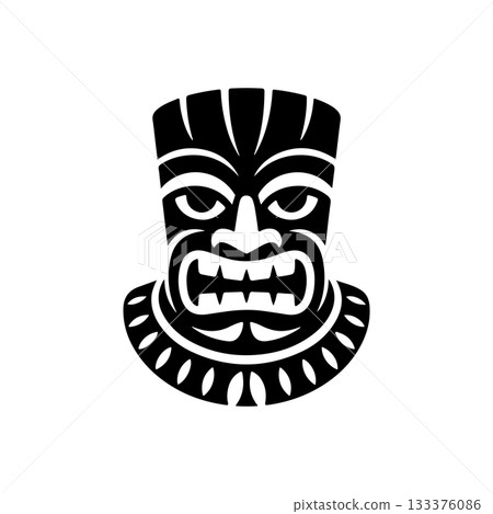 Tiki tribal wooden mask set and Tiki mug. Hawaiian traditional elements. Colored, wooden and black and white silhouette. Vector illustration 133376086
