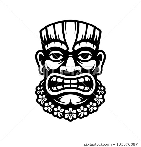 Tiki tribal wooden mask set and Tiki mug. Hawaiian traditional elements. Colored, wooden and black and white silhouette. Vector illustration Tiki tribal wooden mask set and Tiki mug. Hawaiian traditional elements. Colored, wooden and black and white silhouette. Vector illustration 133376087