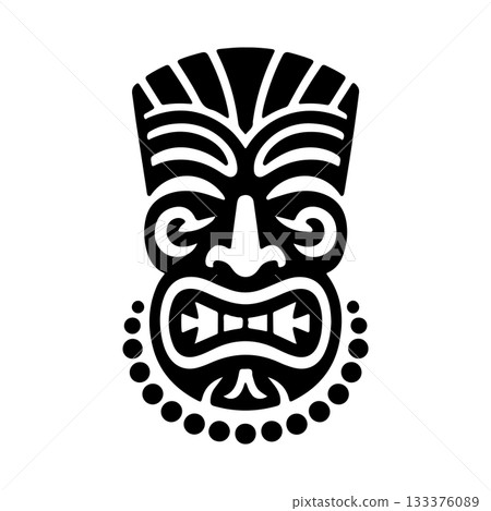 Tiki tribal wooden mask set and Tiki mug. Hawaiian traditional elements. Colored, wooden and black and white silhouette. Vector illustration Tiki tribal wooden mask set and Tiki mug. Hawaiian traditional elements. Colored, wooden and black and white silhouette. Vector illustration 133376089