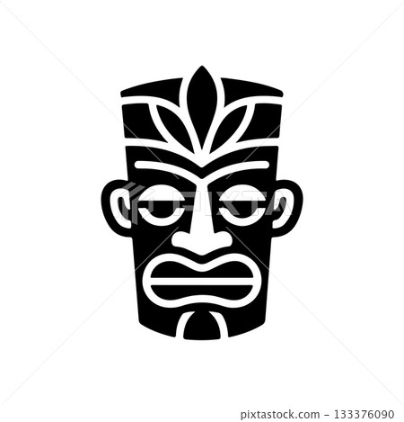 Tiki tribal wooden mask set and Tiki mug. Hawaiian traditional elements. Colored, wooden and black and white silhouette. Vector illustration Tiki tribal wooden mask set and Tiki mug. Hawaiian traditional elements. Colored, wooden and black and white silhouette. Vector illustration 133376090