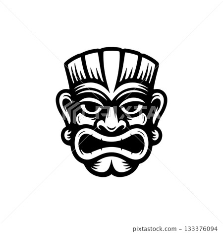 Tiki tribal wooden mask set and Tiki mug. Hawaiian traditional elements. Colored, wooden and black and white silhouette. Vector illustration Tiki tribal wooden mask set and Tiki mug. Hawaiian traditional elements. Colored, wooden and black and white silhouette. Vector illustration 133376094