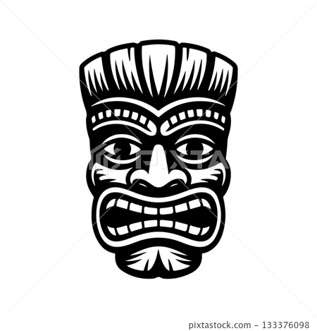 Tiki tribal wooden mask set and Tiki mug. Hawaiian traditional elements. Colored, wooden and black and white silhouette. Vector illustration 133376098