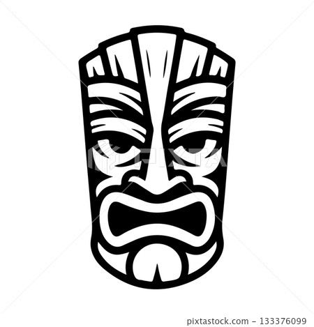 Tiki tribal wooden mask set and Tiki mug. Hawaiian traditional elements. Colored, wooden and black and white silhouette. Vector illustration 133376099