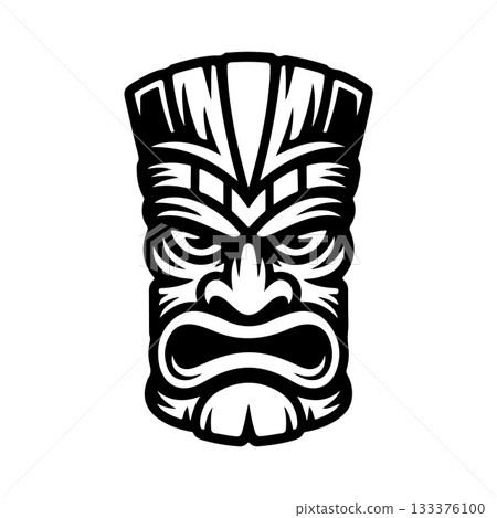 Tiki tribal wooden mask set and Tiki mug. Hawaiian traditional elements. Colored, wooden and black and white silhouette. Vector illustration Tiki tribal wooden mask set and Tiki mug. Hawaiian traditional elements. Colored, wooden and black and white silhouette. Vector illustration 133376100