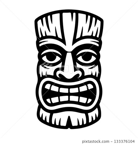 Tiki tribal wooden mask set and Tiki mug. Hawaiian traditional elements. Colored, wooden and black and white silhouette. Vector illustration 133376104