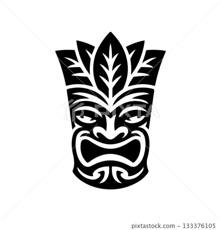 Tiki tribal wooden mask set and Tiki mug. Hawaiian traditional elements. Colored, wooden and black and white silhouette. Vector illustration 133376105