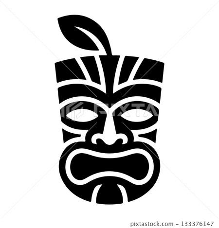 Tiki tribal wooden mask set and Tiki mug. Hawaiian traditional elements. Colored, wooden and black and white silhouette. Vector illustration 133376147