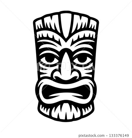 Tiki tribal wooden mask set and Tiki mug. Hawaiian traditional elements. Colored, wooden and black and white silhouette. Vector illustration 133376149