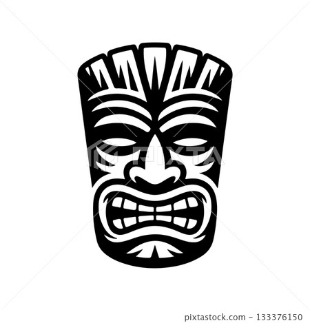 Tiki tribal wooden mask set and Tiki mug. Hawaiian traditional elements. Colored, wooden and black and white silhouette. Vector illustration 133376150