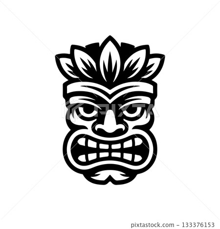 Tiki tribal wooden mask set and Tiki mug. Hawaiian traditional elements. Colored, wooden and black and white silhouette. Vector illustration 133376153