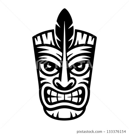 Tiki tribal wooden mask set and Tiki mug. Hawaiian traditional elements. Colored, wooden and black and white silhouette. Vector illustration Tiki tribal wooden mask set and Tiki mug. Hawaiian traditional elements. Colored, wooden and black and white silhouette. Vector illustration 133376154