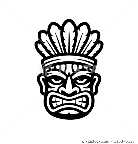 Tiki tribal wooden mask set and Tiki mug. Hawaiian traditional elements. Colored, wooden and black and white silhouette. Vector illustration Tiki tribal wooden mask set and Tiki mug. Hawaiian traditional elements. Colored, wooden and black and white silhouette. Vector illustration 133376155